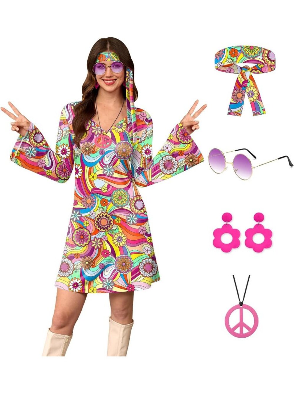 Women's Purple Folral 70s Hippie Halloween Costume Sunglasses Dress 5-Piece Set